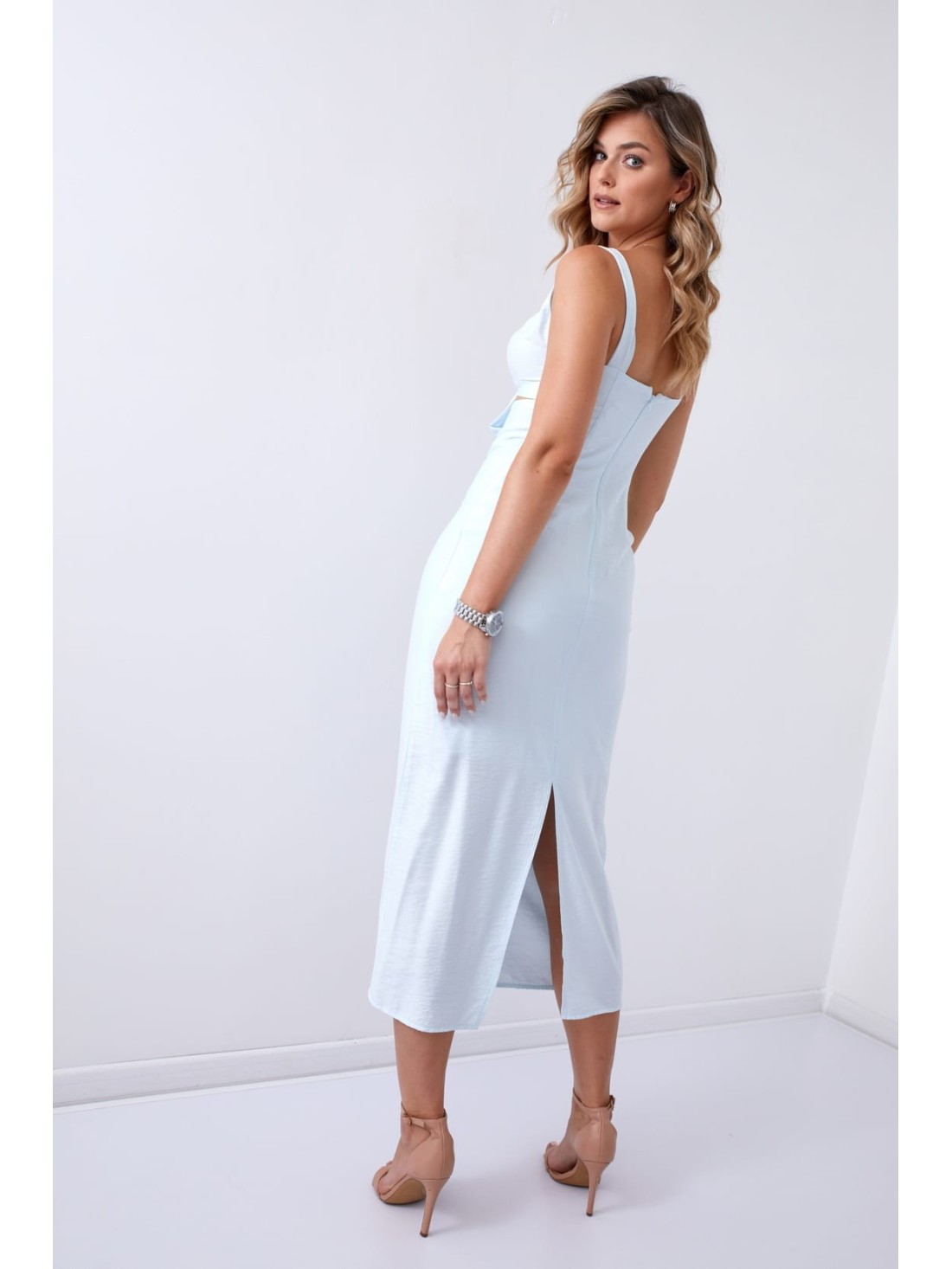 Summer dress with a tied neckline, light blue 110525 - Online store - Boutique